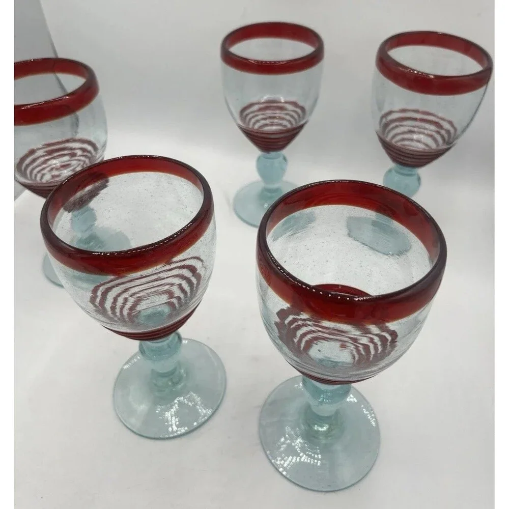 Mexican Hand Blown Art Glass Wine Goblets Set of 5 Red Rim Aqua Stem Swirl
